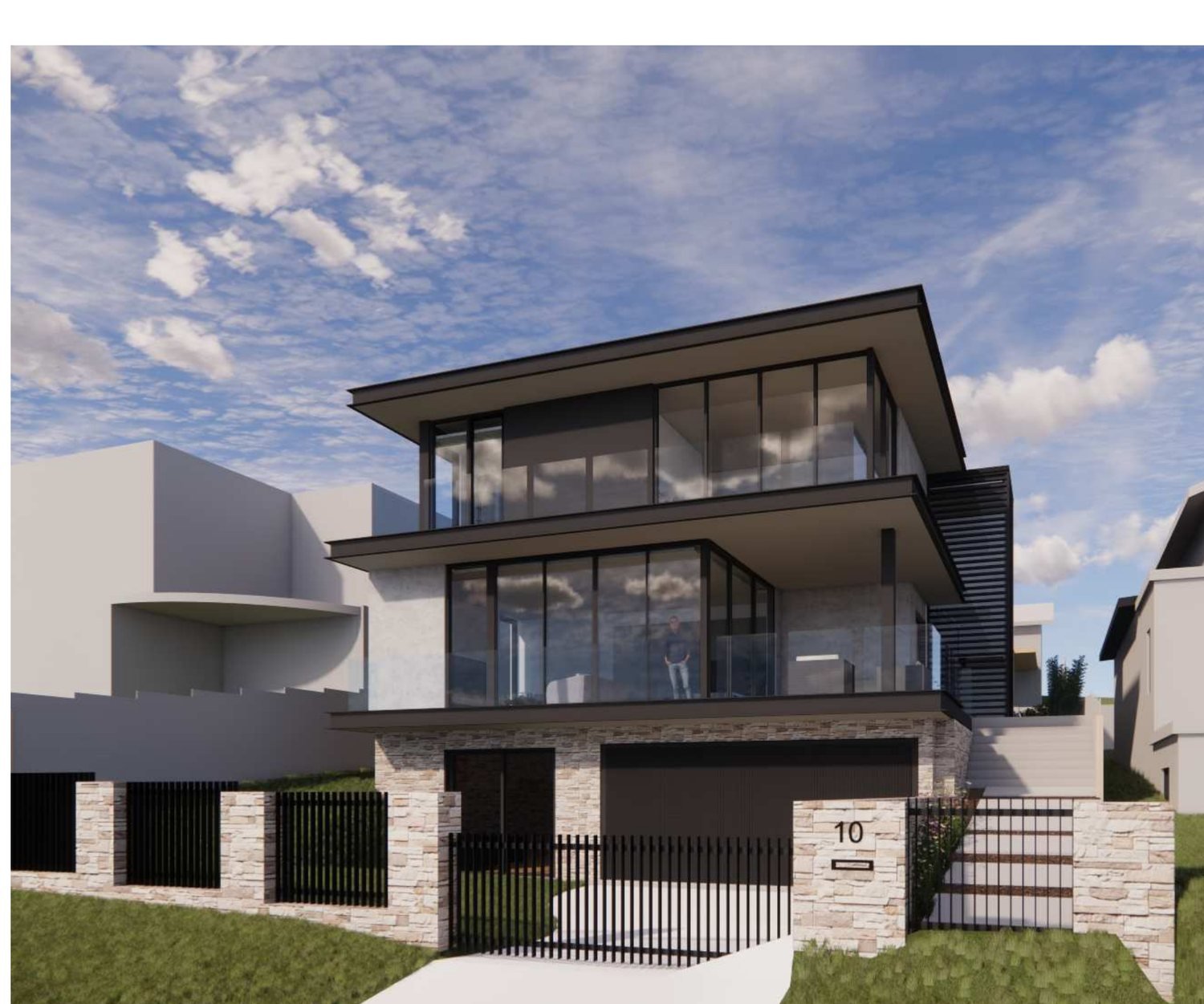 Render of the three level home with stone base and glazed upper floors